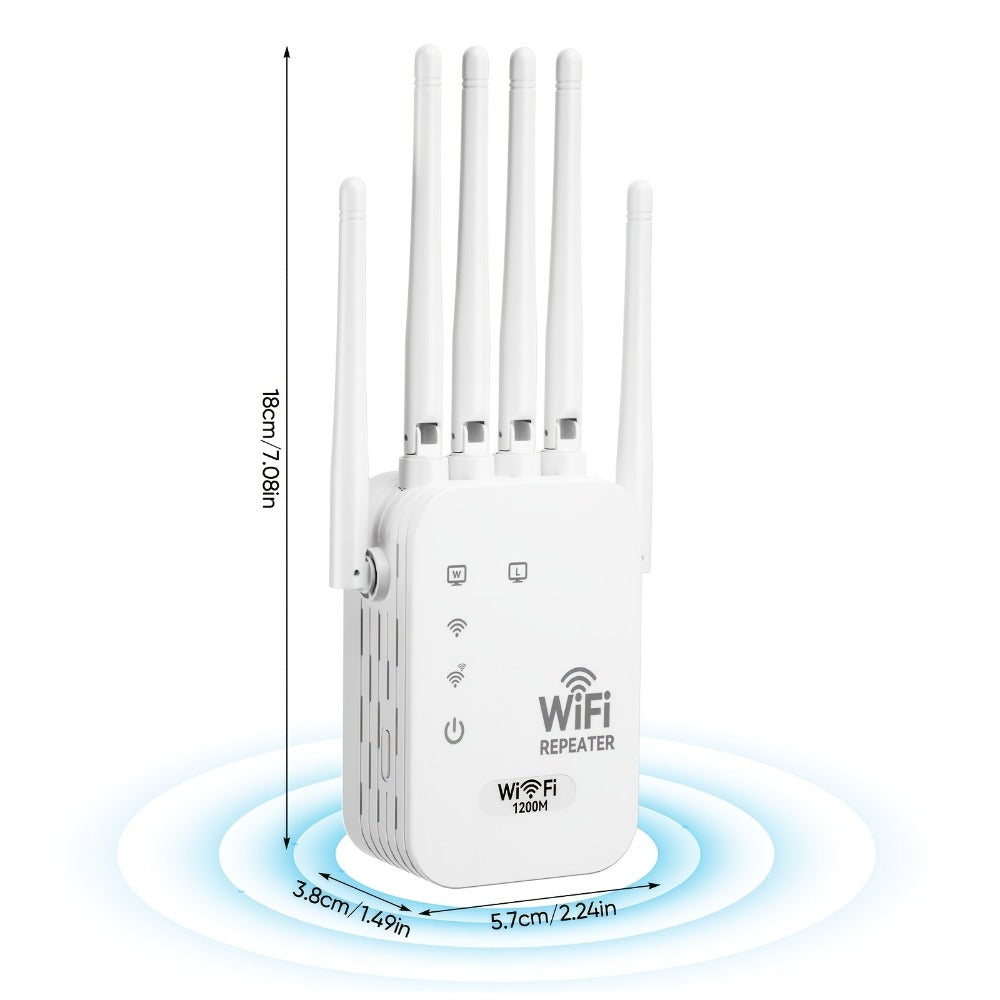 Compact WiFi 6 Signal Booster 1200Mbps with 6 Antennas, Dual Band 2.4GHz & 5GHz Wide Coverage Network Extender, Strong Stable Signal, Compatible with All Smart Routers, Space-Saving Design, White