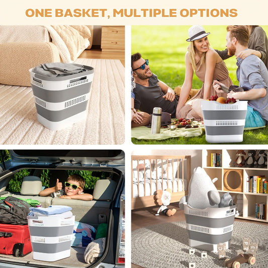 Collapsible Laundry Basket with Handles, 43L Gray, Single or 2-Pack