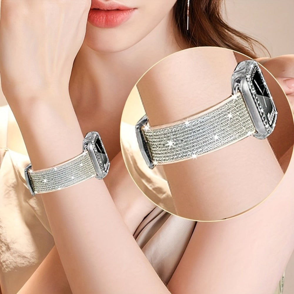 Apple Watch Band with Case Crystal Rhinestone Bling, Chameleon Color-Shift Strap + Shockproof Hard PC Cover, Compatible with Apple Watch Series 1-9 SE Ultra 38mm to 49mm S10 – Rose Gold Black Silver Women