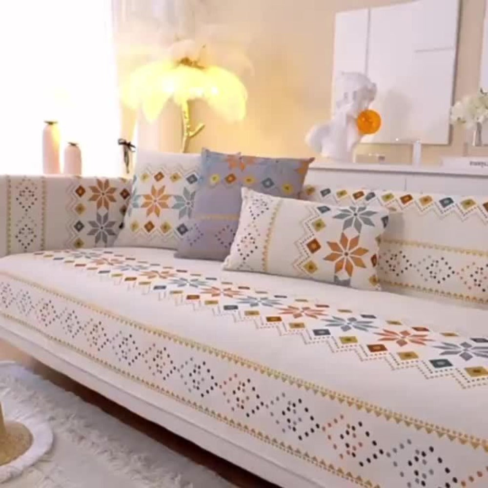 Chenille Sofa Cover Bohemian Style Jacquard Knit Anti-Slip Pet Friendly All Season Sofa Mat Protector - Single 2 3 4 Seater Armrest Backrest Pillow Case Grey White Yellow