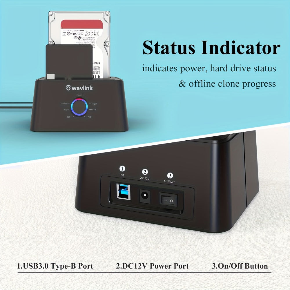 Dual Bay Hard Drive Docking Station USB 3.0 to SATA with Offline Clone Function – Wavlink Tool-Free Dock for 2.5/3.5 Inch HDD SSD, Up to 2x16TB, UASP 5Gbps, Hot Swap, USB-C Adapter Included