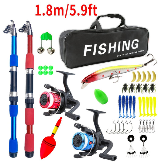Fishing Rod and Reel Set for Two, Red and Blue with Four Length Combinations