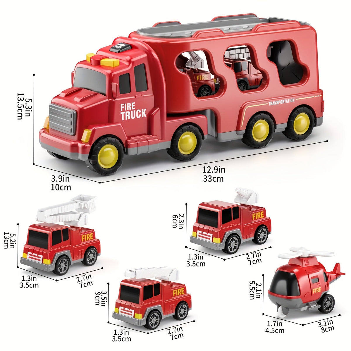 Fire Truck Rescue Playset, 5-in-1 Carrier with Interchangeable Vehicles