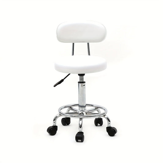 White PU Leather Salon Stool with Backrest, 360° Swivel and Adjustable Height