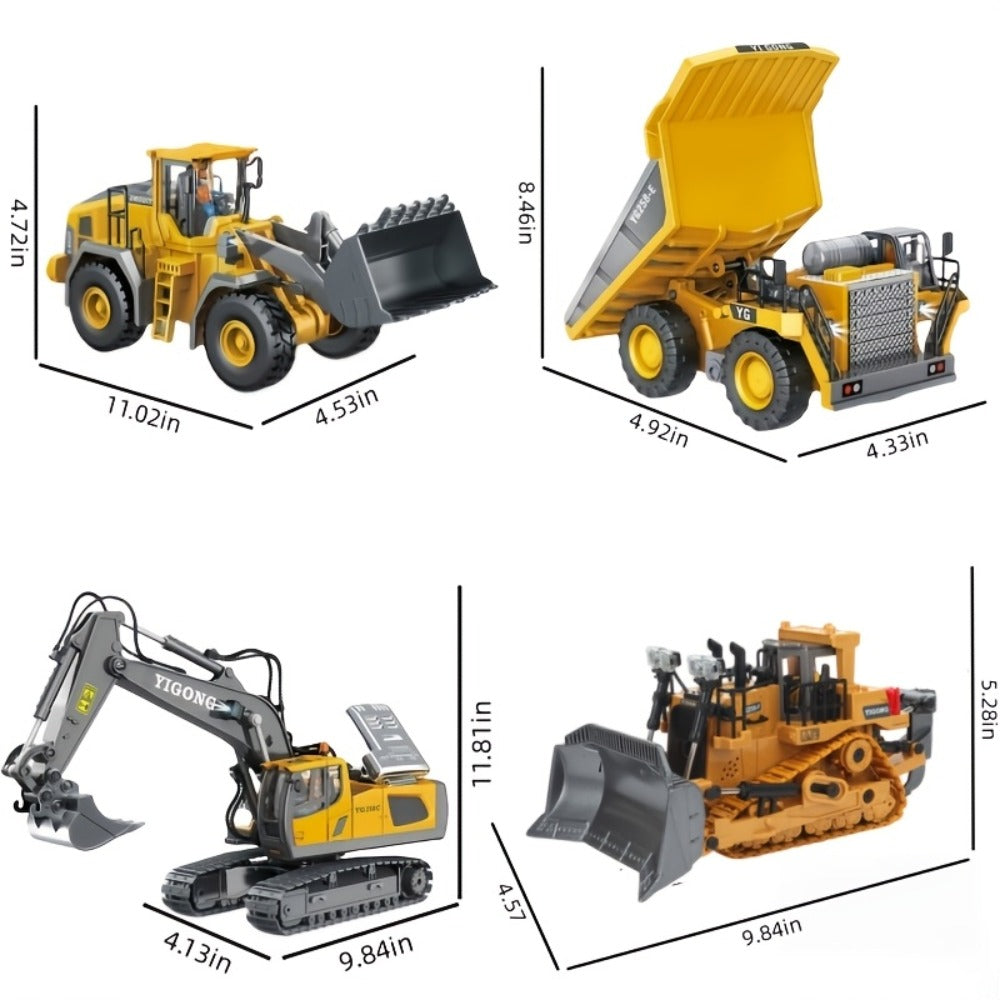 RC Construction Vehicle Set, 2.4GHz 12-Channel Excavator, Dump Truck, Bulldozer & Loader