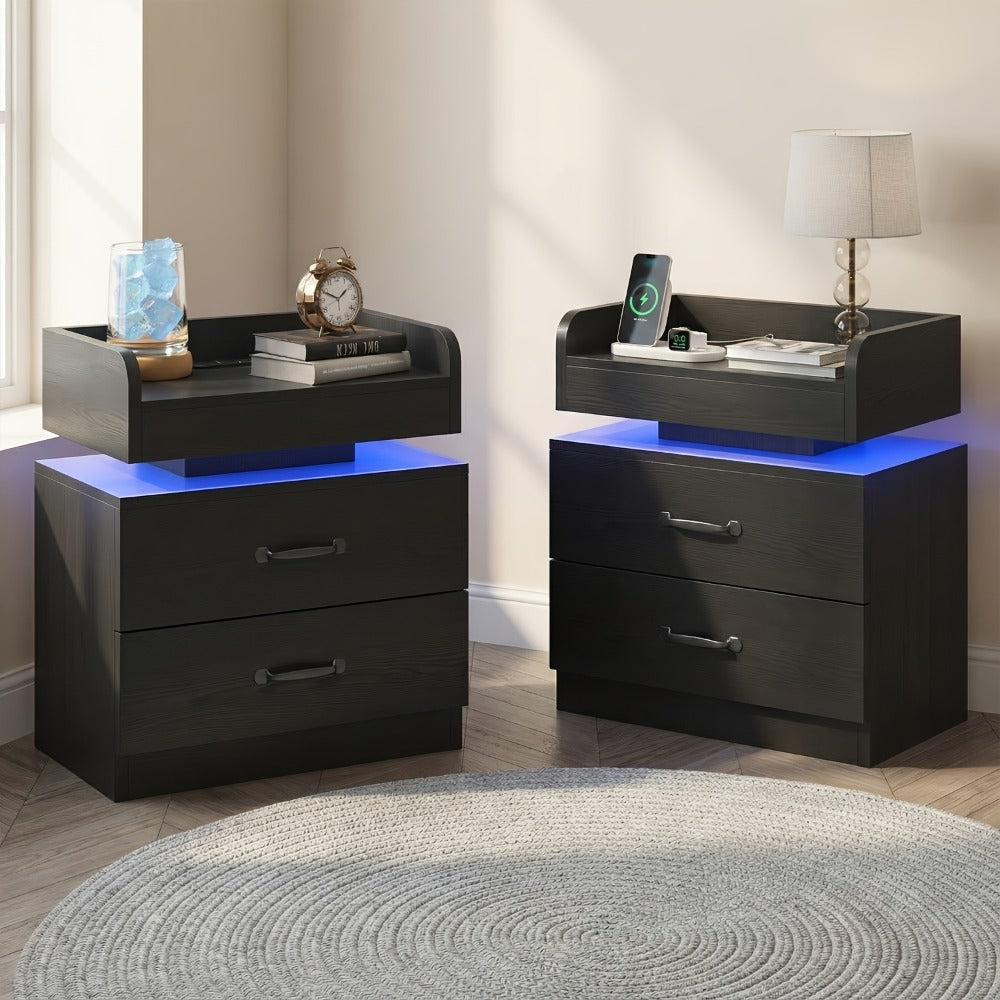 Bedside Table with Charging Station & LED Lights – Modern Wooden Nightstand with Drawer & Open Shelf | Black or White | 1pc or 2pcs Set | Bedroom Living Room End Table | Housewarming Gift