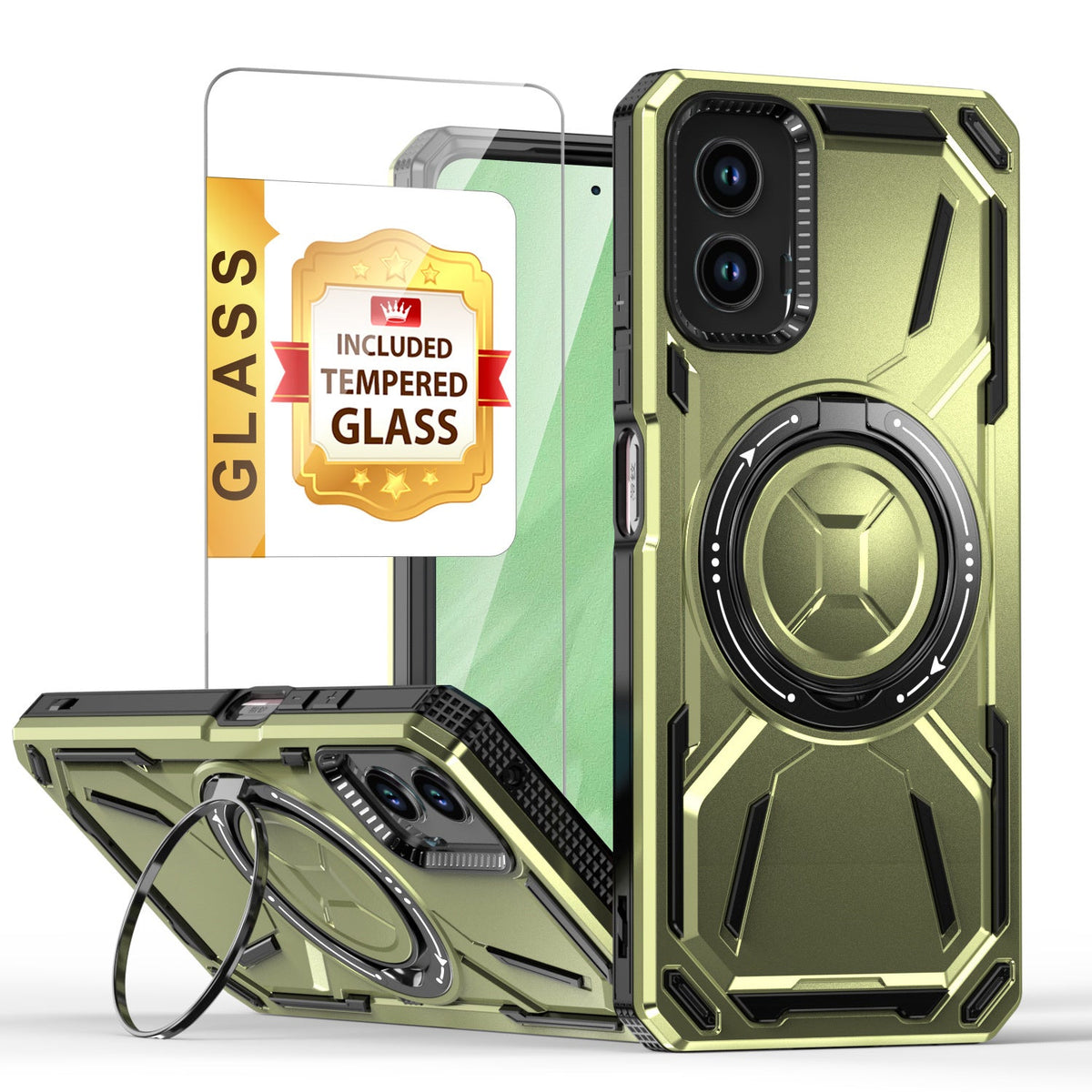 Moto G 5G 2024 Case with Tempered Glass Screen Protector & 360° Magnetic Ring Stand Kickstand – Shockproof Wireless Charging Compatible Protective Cover for Motorola Moto G 5G 2024