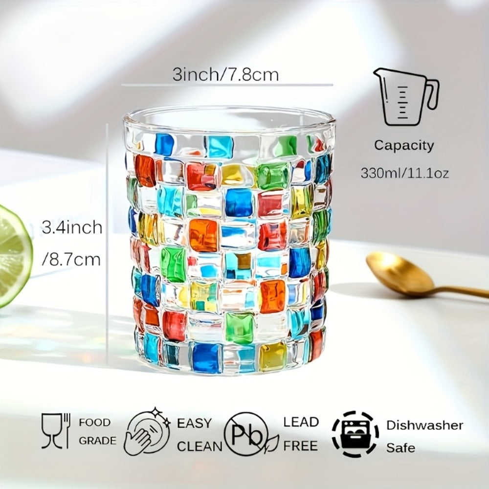 Hand-Painted Drinking Glasses Set – Colorful Square Lattice Woven Handcrafted Glass for Water, Juice, Whiskey & Beer – Artistic Decorative Glassware for Home Bar & Entertaining – 2pc or 4pc