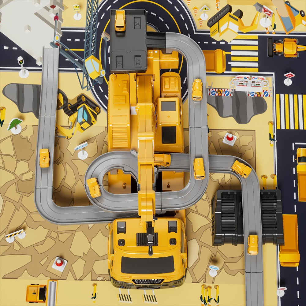 Crane Racing Track Toy Set – 3-in-1 Construction Playset with Excavator, 8 Cars, Lights & Sounds