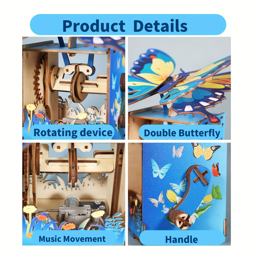 Wooden Butterfly Model Kit, Choose Color Display or Music Box Style
