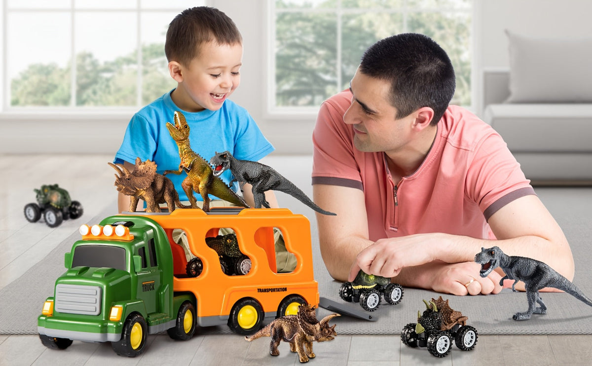 Push-Action Dinosaur Truck Toy 7-in-1 – Dino Monster Truck with 3 Figures, 3 Mini Cars, Lights & Sound