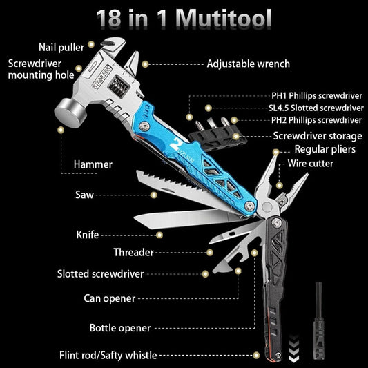18-in-1 Multitool Hammer with Adjustable Wrench, Pliers and Replaceable Wire Cutters