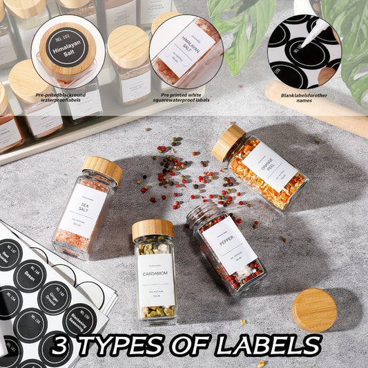 Glass Spice Jars with Labels, Lids and Funnel, 4 oz in 15-, 24- or 36-Piece Sets