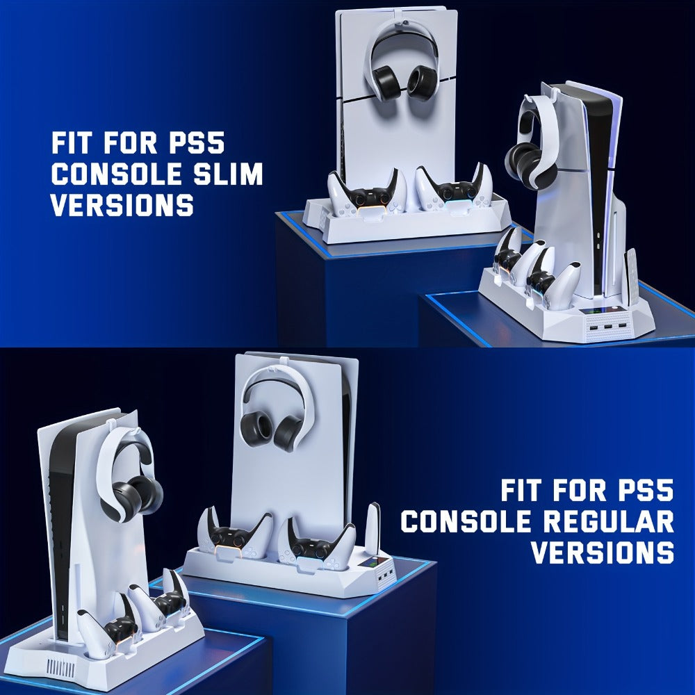 PS5 Cooling Station with Controller Charging Dock - Compatible with PS5 Slim Pro Standard Disc Digital, Dual Controller Charger Turbo Fan 3-Port USB Hub Headset Holder All-in-One PS5 Accessory
