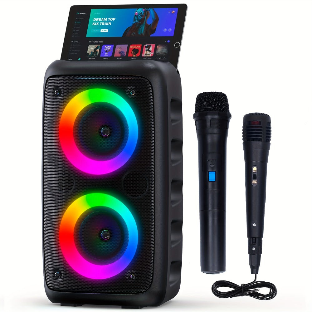 Karaoke Machine with LED Lights Bluetooth Speaker PA System – Portable Adult Singing Speaker with Wired Microphone or Wired + Wireless Mic, Supports TF Card, USB, AUX Input, TWS Connection
