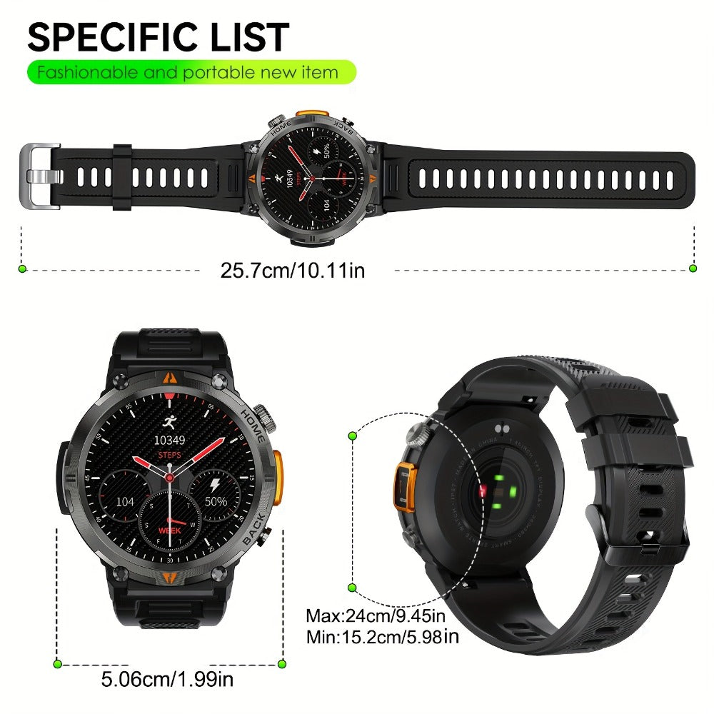 Tactical Smartwatch for Men LED Lighting 1.45 Inch 97% Screen Ratio Bluetooth 5.2 Wireless Calling Outdoor Fitness Tracker Heart Rate Blood Oxygen Sleep Pedometer iPhone Android Silicone Leather Strap Black Orange
