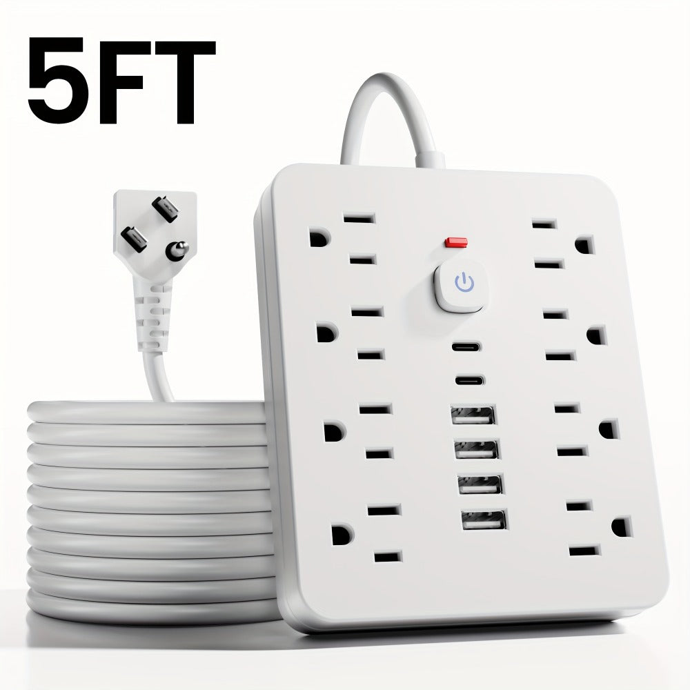 14-in-1 Wall-Mountable Power Strip with Surge Protector – 8 AC Outlets & 6 USB Ports (2 USB-C), Flat Plug Space-Saving Extension Cord, Overload Protection for Home School Office, 5ft or 10ft