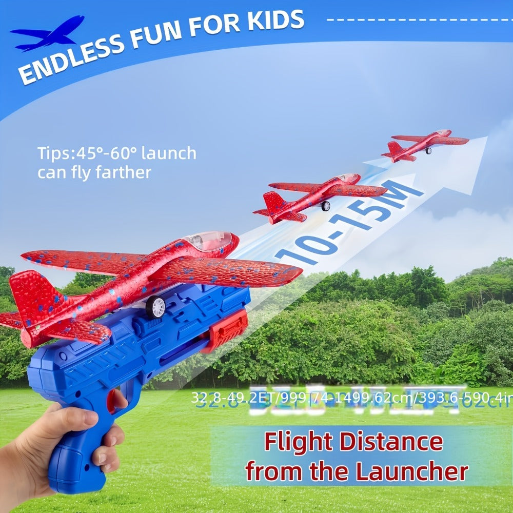 Foam Airplane Launcher Toy Set with 3 Foam Planes & Catapult, 2 Flight Modes for Outdoor Play