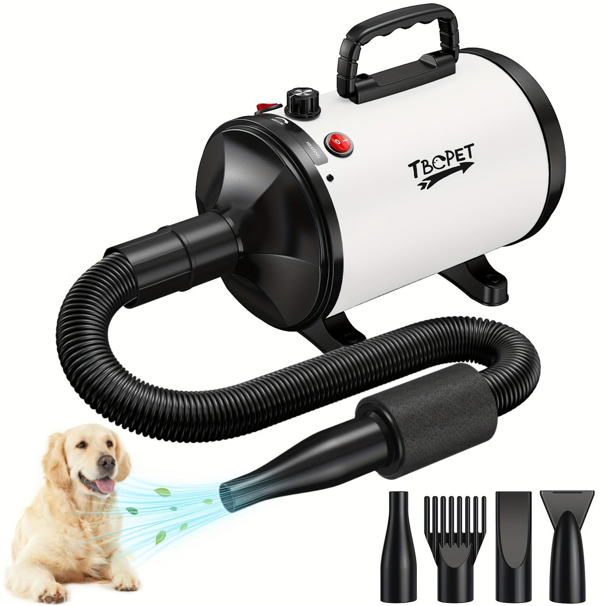 Dog Hair Dryer 3800W High Power - Professional Pet Grooming Blow Dryer with Adjustable Speed & Temperature Control, 4 Nozzles for Dogs & Cats, Easy to Use & Clean