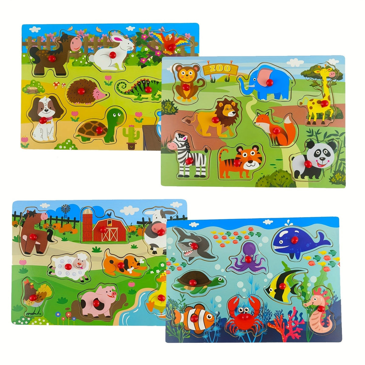 Wooden Peg Puzzles for Toddlers, Set of 4 Knob Puzzles in Farm, Zoo, Christmas & Halloween