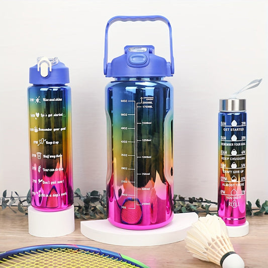 Water Bottle Set with Straws and Time Markers, 3-Pack Electroplated Gradient