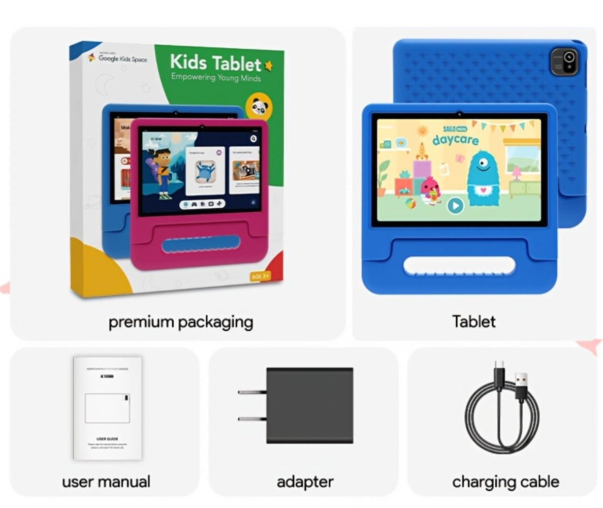 WiFi 6 Kids Tablet 10.1 Inch Android 6GB RAM 64GB ROM 5000mAh Dual Camera Parental Controls Eye Protection Preloaded Educational Apps Games Learning Tablet with Case Gift for Kids Blue Pink
