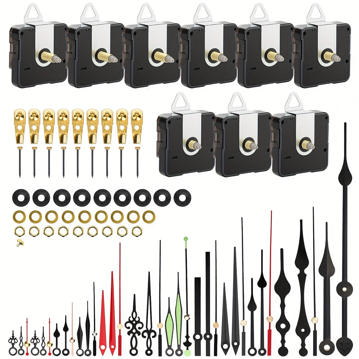 Silent Quartz Clock Movement Kit 9pcs with 12 Pairs Clock Hands – DIY Wall Clock Repair Parts for 22mm 16mm 13mm Shaft, Aluminum ABS Craft Gift