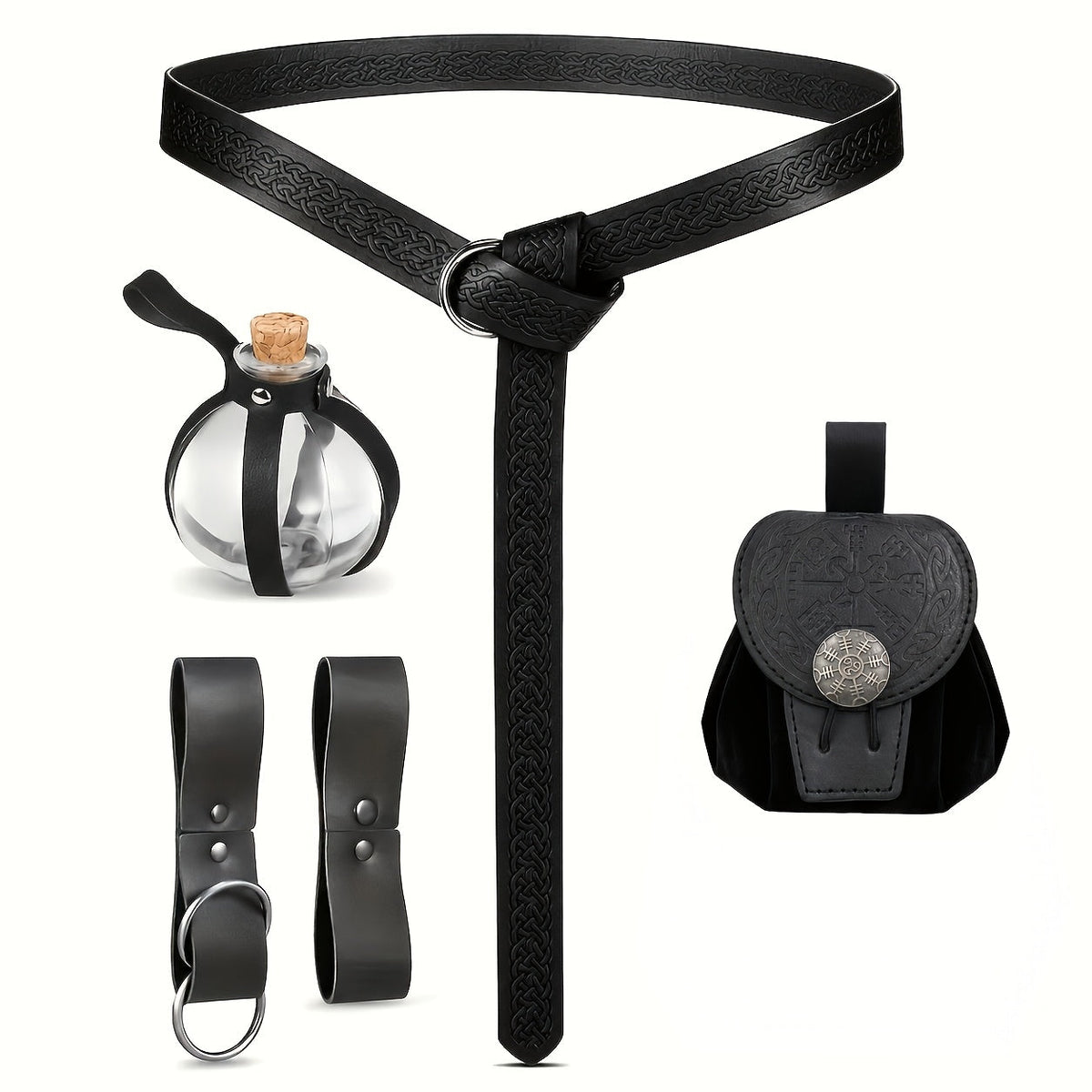 Medieval Belt Set 5pcs Viking Renaissance Faux Leather Harness with Potion Bottle Bag – LARP Halloween Cosplay Renaissance Fair Themed Party Role Play Costume Accessory, Black & Brown