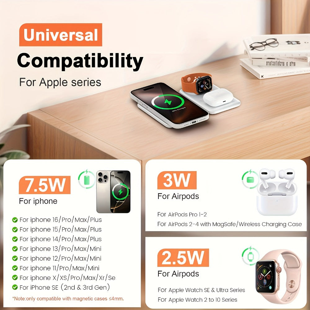 3-in-1 Wireless Charging Station Foldable 15W Fast Charge, Charges iPhone 16 15 14 13 12 Pro Max + Apple Watch Ultra 2 Series 9 8 7 6 5 4 3 2 1 + AirPods 3 2 Pro Simultaneously – Portable Travel Charger