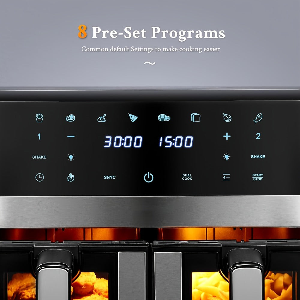 Dual Basket Air Fryer 9.5Qt – 2x4.75Qt Independent Zones, Smart Finish Match Cook, 2400W, 8 Presets, Air Fry Roast Bake Grill, Energy Saving Family-Size Double Basket Air Fryer
