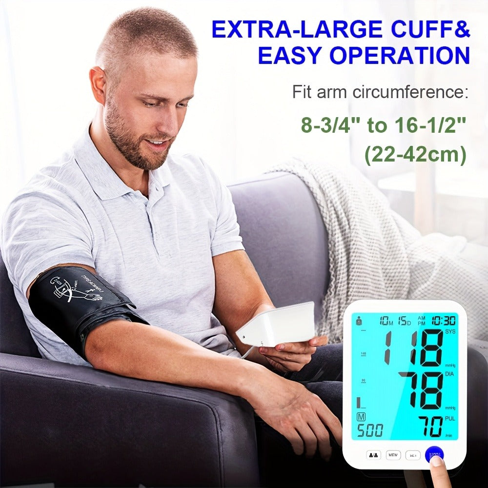 Upper Arm Blood Pressure Monitor Automatic – Large LED Backlit Screen, Extra-Large Cuff, 1000-Reading Memory for 2 Users, One-Button BP Machine for Home Hypertension Management