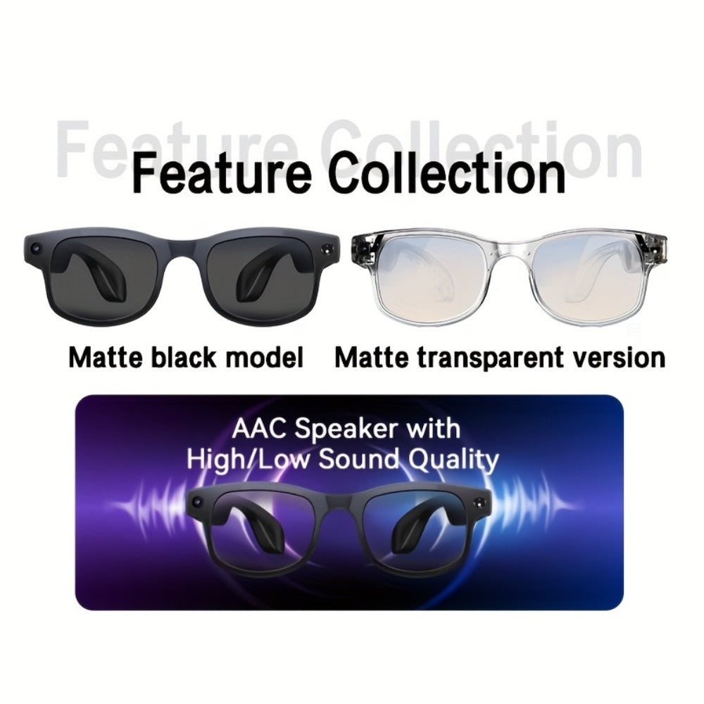 Smart Glasses with Camera 8MP Dual Lens 1080P HD – AI Auto Color Change, Air Conduction 360° Sound, Dual Mic, 290mAh Battery, 3 Lenses, Black & Transparent Frame