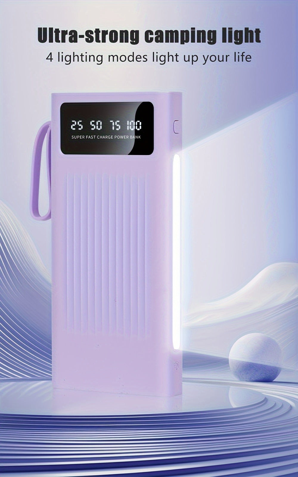30000mAh Large Capacity Power Bank 15W Fast Charging with 4 Built-In Cables & 4-Mode Camping Light, Business Minimalist Portable Charger 10000mAh 20000mAh Compatible with iPhone Android – Black Purple White