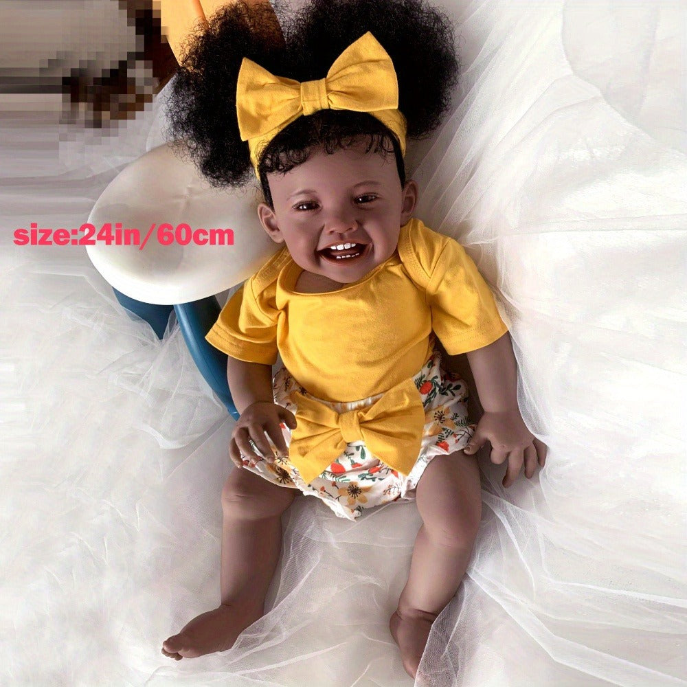 24-Inch Black Reborn Baby Girl Doll with Rooted Hair and Cloth Body
