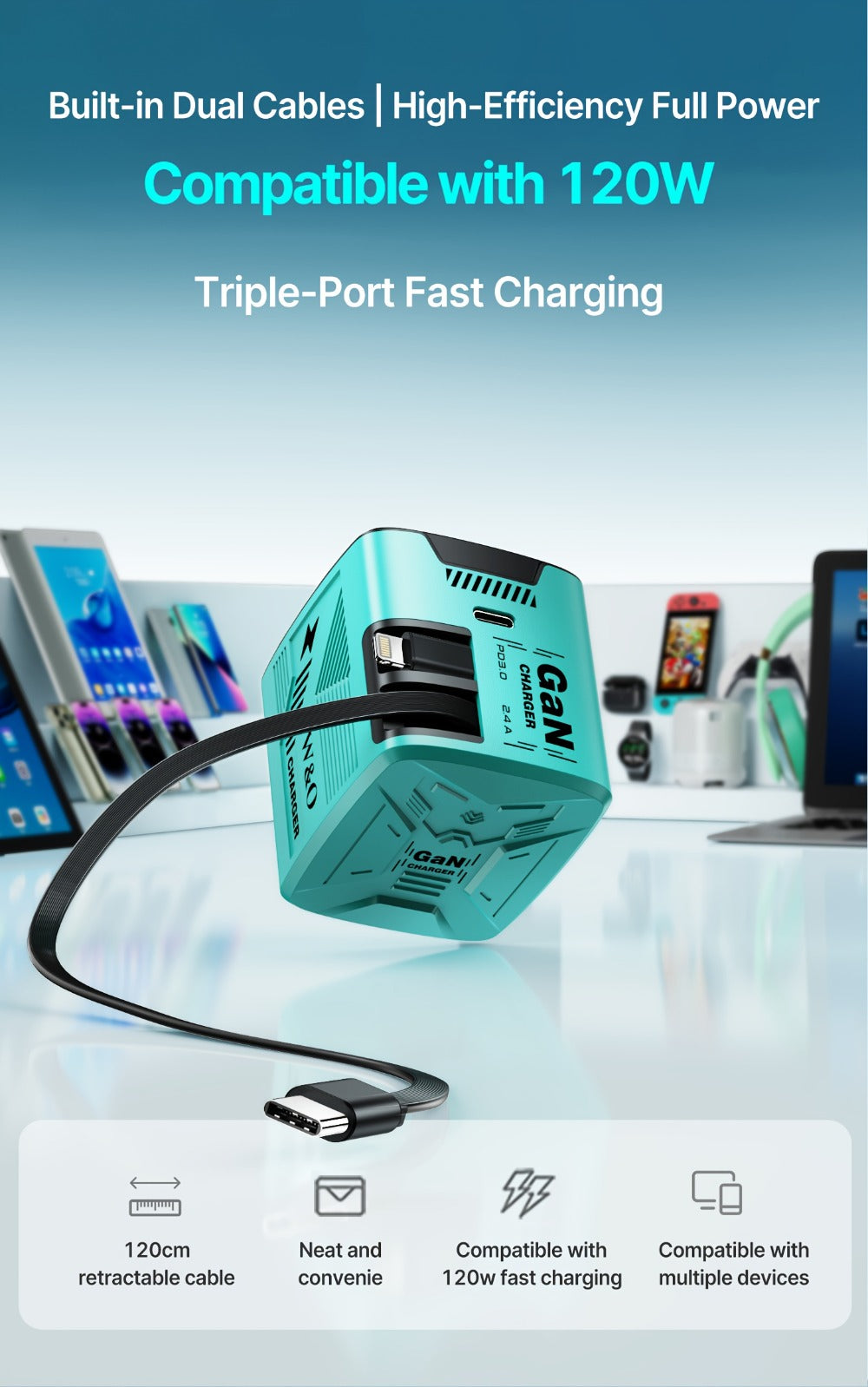 GaN Charger 120W with Lightning & Type-C Retractable Cables 47in, Foldable Plug USB-C Wall Adapter – With or Without Cable Option for iPhone 17 16 15 Pro Max, Samsung Galaxy S25 S24, Android Devices