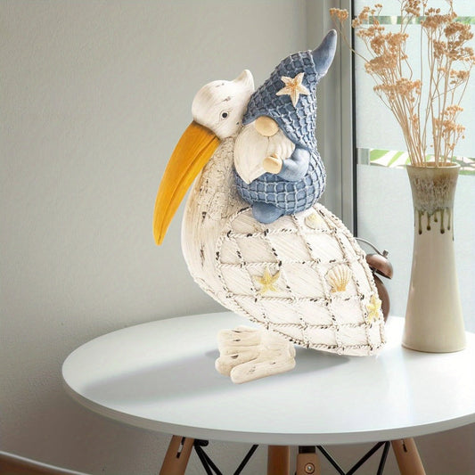 Pelican Gnome Figurine - 11.5-Inch Resin Statue with Starfish & Seashell Accents