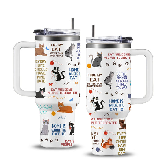 Cat Tumbler 40 oz with Lid and Straw, 304 Stainless Steel Insulated Drinkware