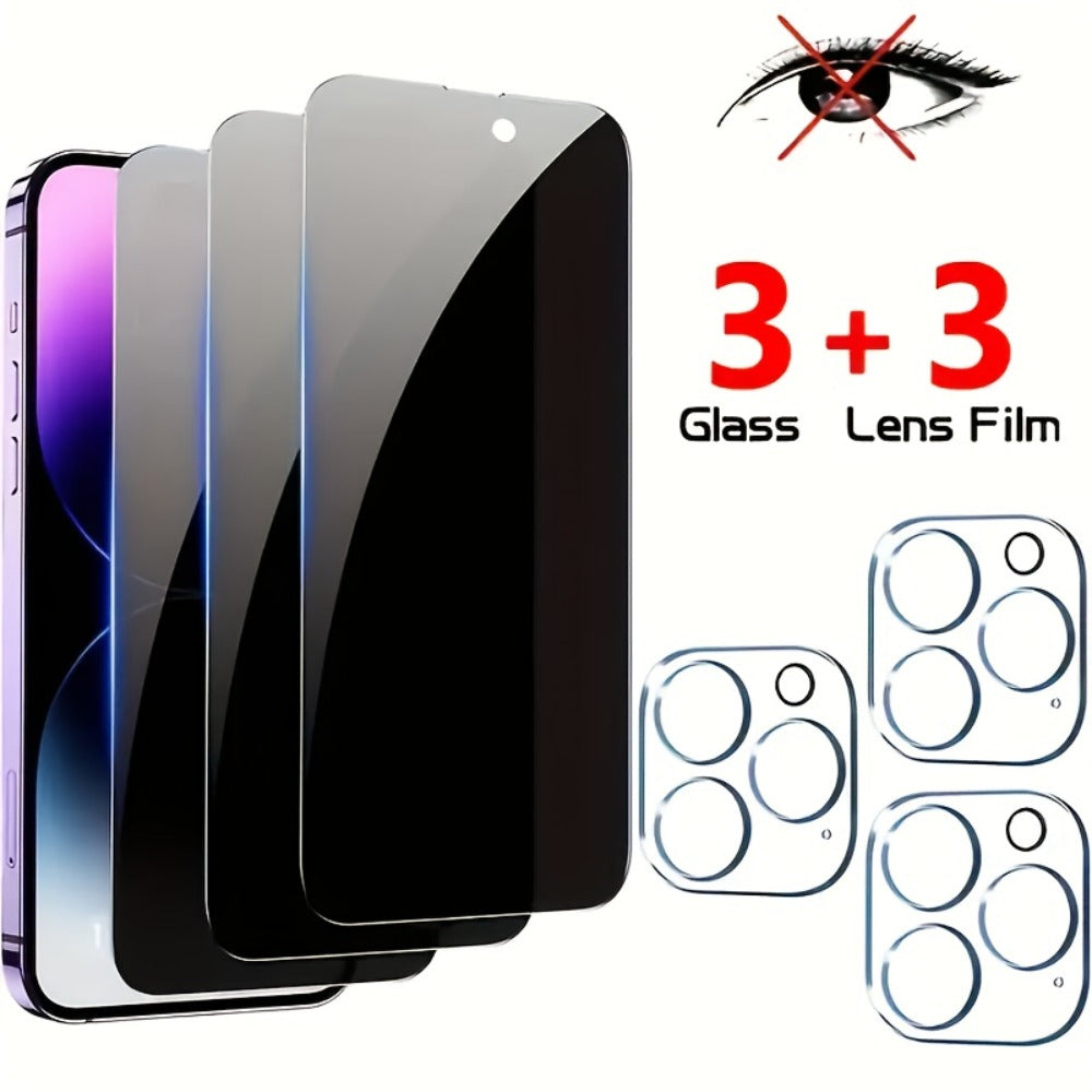 Privacy Screen Protector 6-Pack for iPhone – 3 Anti-Spy 9H Tempered Glass + 3 Camera Lens Protectors, Bubble-Free Full Coverage, Face ID Compatible, iPhone X 11 12 13 14 15 16 Pro Max Plus