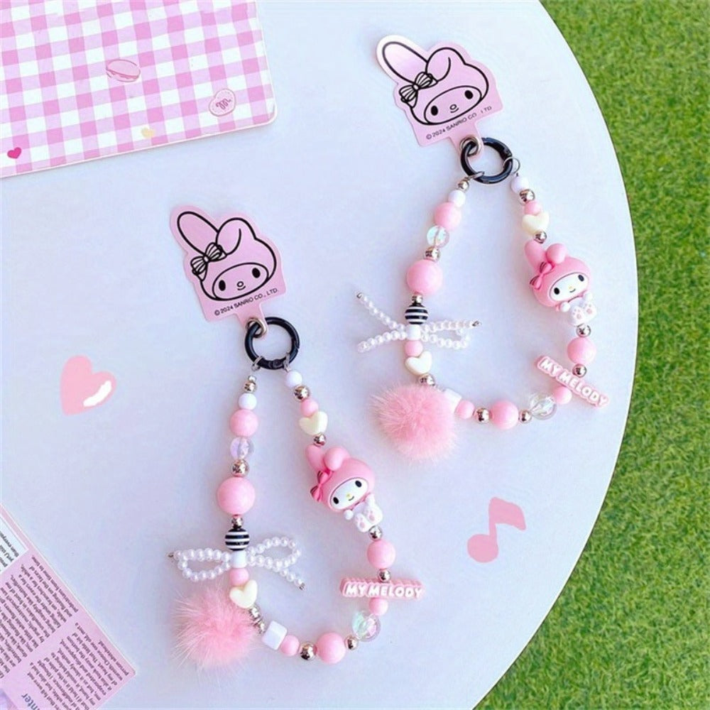 Kawaii Beaded Phone Chain Keychain Sanrio Kuromi My Melody Anime Backpack Pendant – Cute Mobile Strap Charm Accessory Gift for Girls Teens Anime Fans Collectors