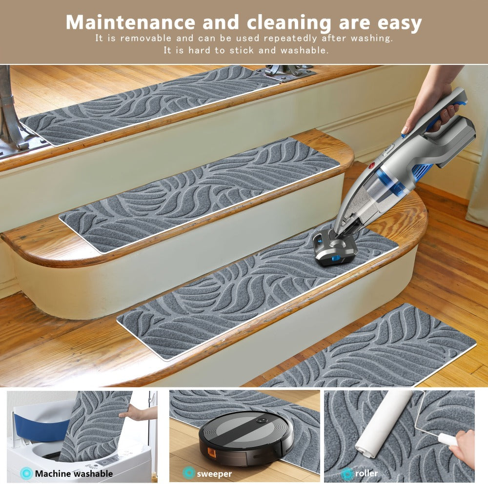 Non-Slip Stair Treads 15pcs 8"x30" Self-Adhesive Carpet Pads for Wooden Steps – Washable Polyester Indoor Stair Mats for Safety, Anti-Slip Step Covers in Multiple Colors