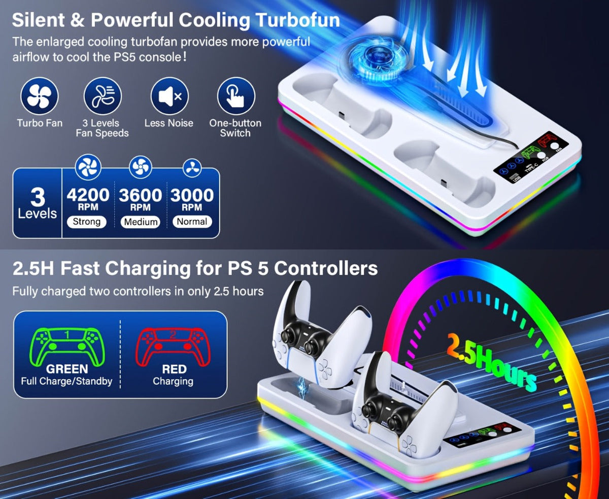 PS5 Cooling Stand with Dual Controller Charging Dock – Compatible with PS5/Slim/Pro Standard & Digital Edition, 3-Speed Fan, 10 RGB Lights & USB Hub, PlayStation 5 Gaming Accessories