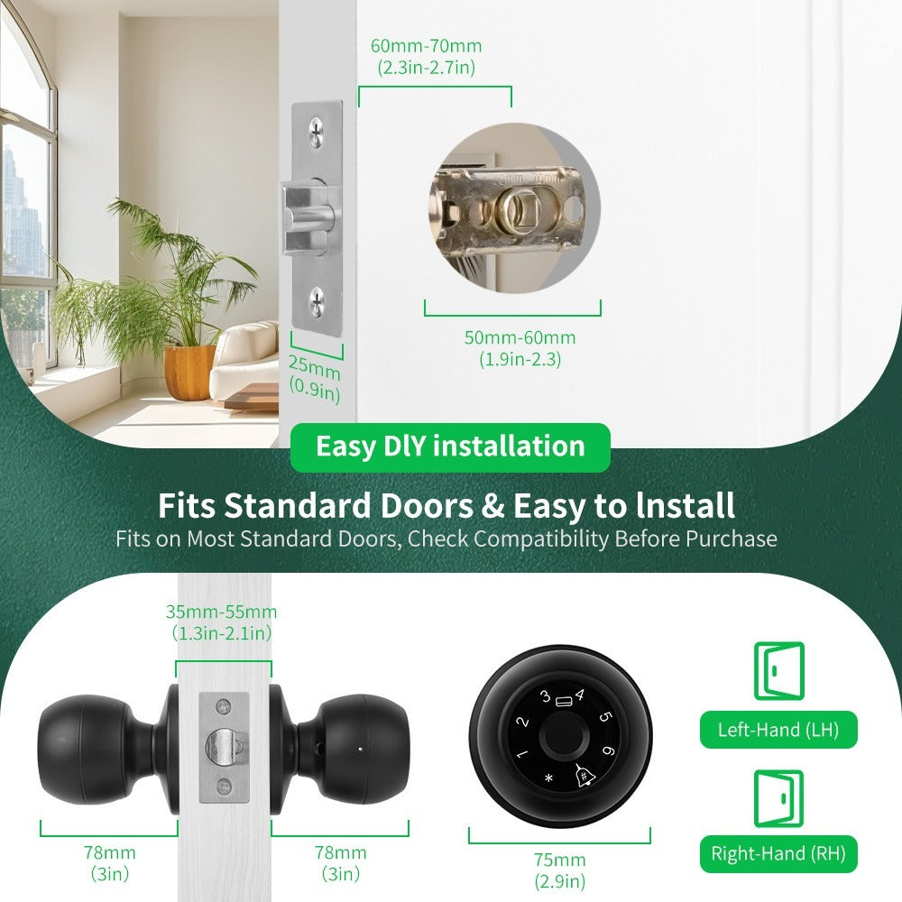 Biometric Handle Lock 5-in-1 Keyless Entry with Fingerprint, App, IC Card, Password & Backup Key – Silent Mode, Anti-Peep Keypad, Electronic Smart Door Handle for Bedroom Apartment Interior Door