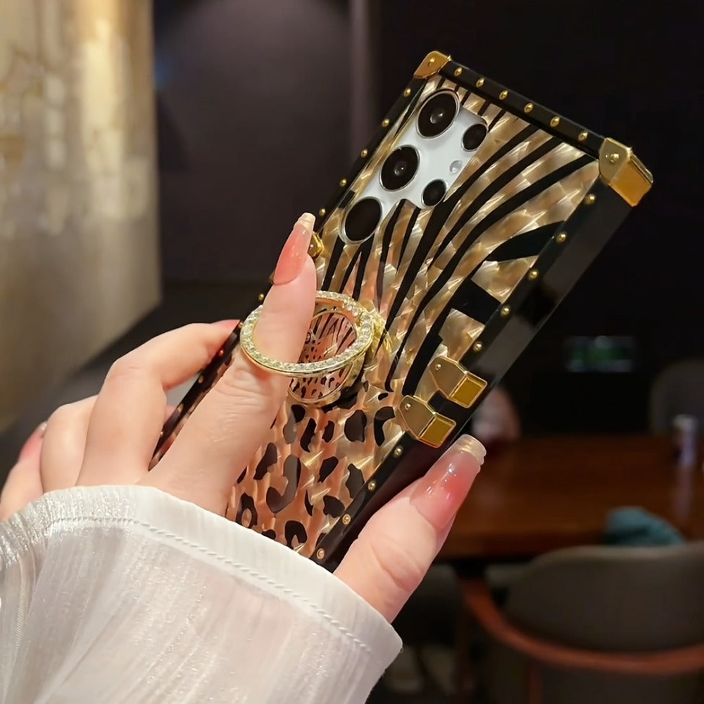 Leopard Print Samsung Galaxy Case Ring Holder Kickstand Anti-Drop Rectangular Cover for Galaxy S25 Ultra Plus S24 Ultra Plus FE S23 Ultra S22 Ultra S21 Ultra A56 A55 A54 A36 A35 A16 A15 A14 – Fashion Girly