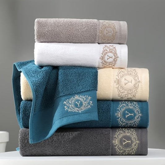 Embroidered Cotton Towel Set, 3-Piece with 2 Hand Towels and 1 Bath Towel, 400 GSM