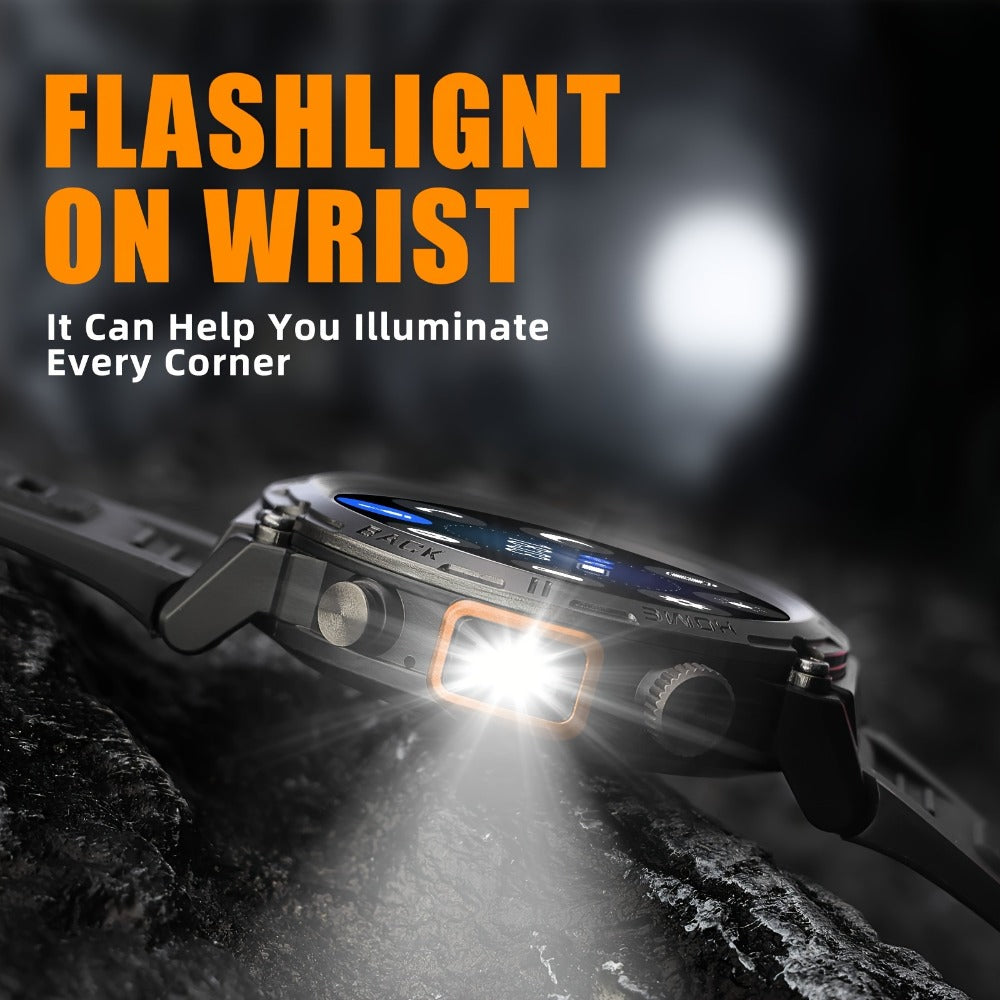 Tactical Smartwatch for Men LED Lighting 1.45 Inch 97% Screen Ratio Bluetooth 5.2 Wireless Calling Outdoor Fitness Tracker Heart Rate Blood Oxygen Sleep Pedometer iPhone Android Silicone Leather Strap Black Orange