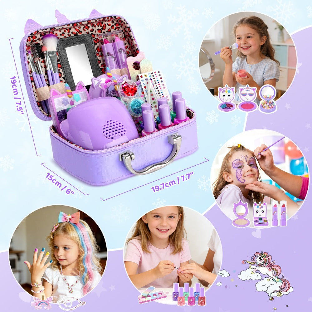 Kids Makeup Set for Girls – 2-in-1 Princess Makeup & Nail Art Kit with Mini Dryer & Accessories