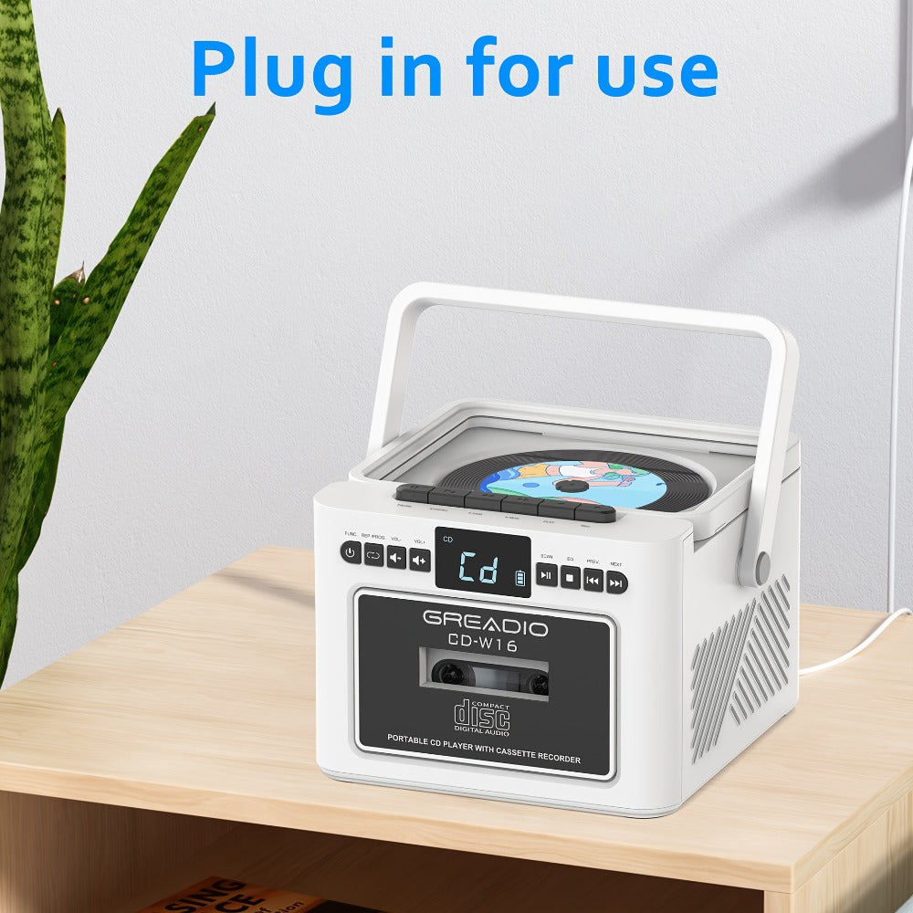 Boombox CD Cassette Player Rechargeable 5000mAh Battery 5W Dual Stereo Speakers FM Radio Tape Recording AUX SD USB 3.5mm Jack Portable Home Audio Player