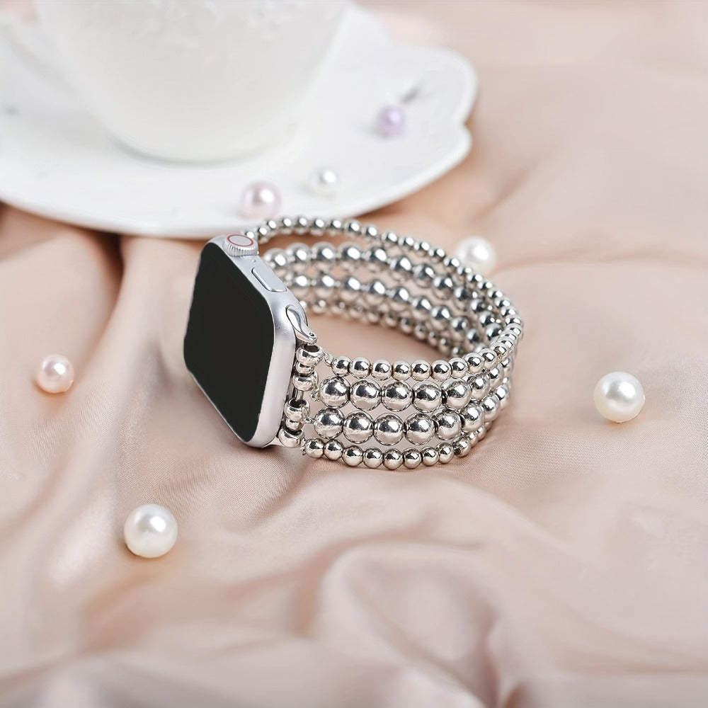 Stainless Steel Beaded Apple Watch Band Handmade Elastic Stretch Bracelet No-Buckle Slip-On Strap for Series 1-11 SE Ultra 38mm 40mm 41mm 42mm 44mm 45mm 46mm Women Girls Silver Rose Gold Silvery Grey
