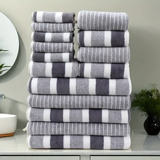 Coral Fleece Towel Set, 320 GSM Two-Color Stripes, 9- or 15-Piece