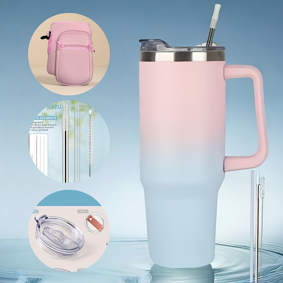 Insulated Tumbler 40 Oz with Carry Bag & Handle – Stainless Steel Thermos with Straw & Spout Lid – Ice Compatible Gym Water Bottle & Travel Mug – Pink Blue Gradient Gift for Women & Teens